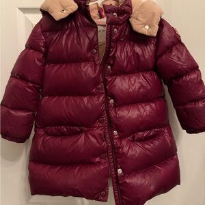 Moncler Quilted Puffer Coat in Burgundy with Contrast Collar